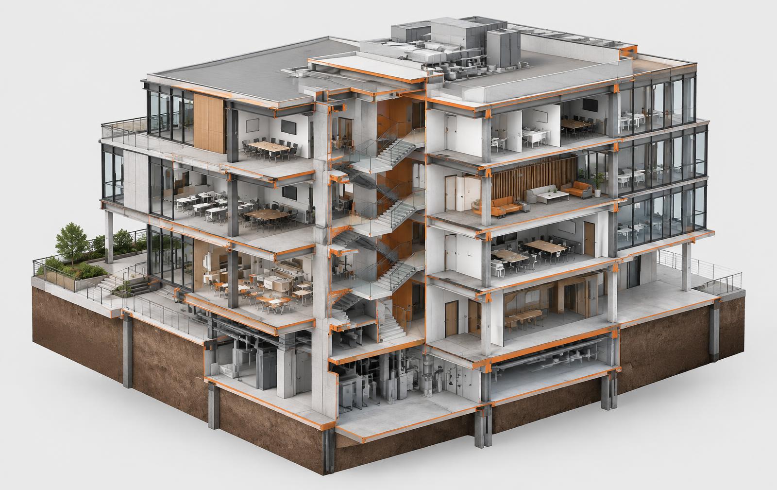 Model BIM secționat al unei clădiri multietajate